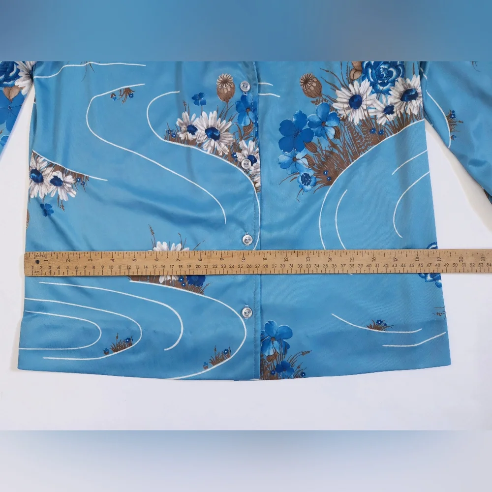 Vintage 70s Blue Silky Polyester Floral Daisy Poppy Top Shirt Women's Small - Picture 8 of 13